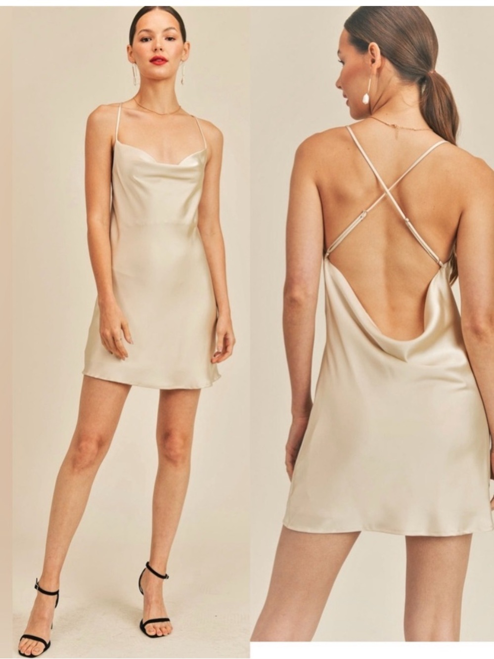 NWT Reset by Jane Satin Cowl Neck Slip Dress mini in Champagne size small
